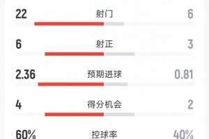 曼城1-1布莱顿全场数据：射门22-6，射正6-3，得分机会4-2