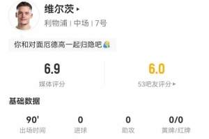 维尔茨本场0射+1关键传球 6对抗4成功+1犯规1造犯规 获评6.9分
