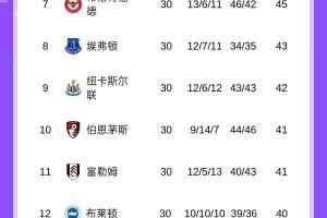 英超积分榜：后7名本轮全部踢平，布伦特福德距第6切尔西3分